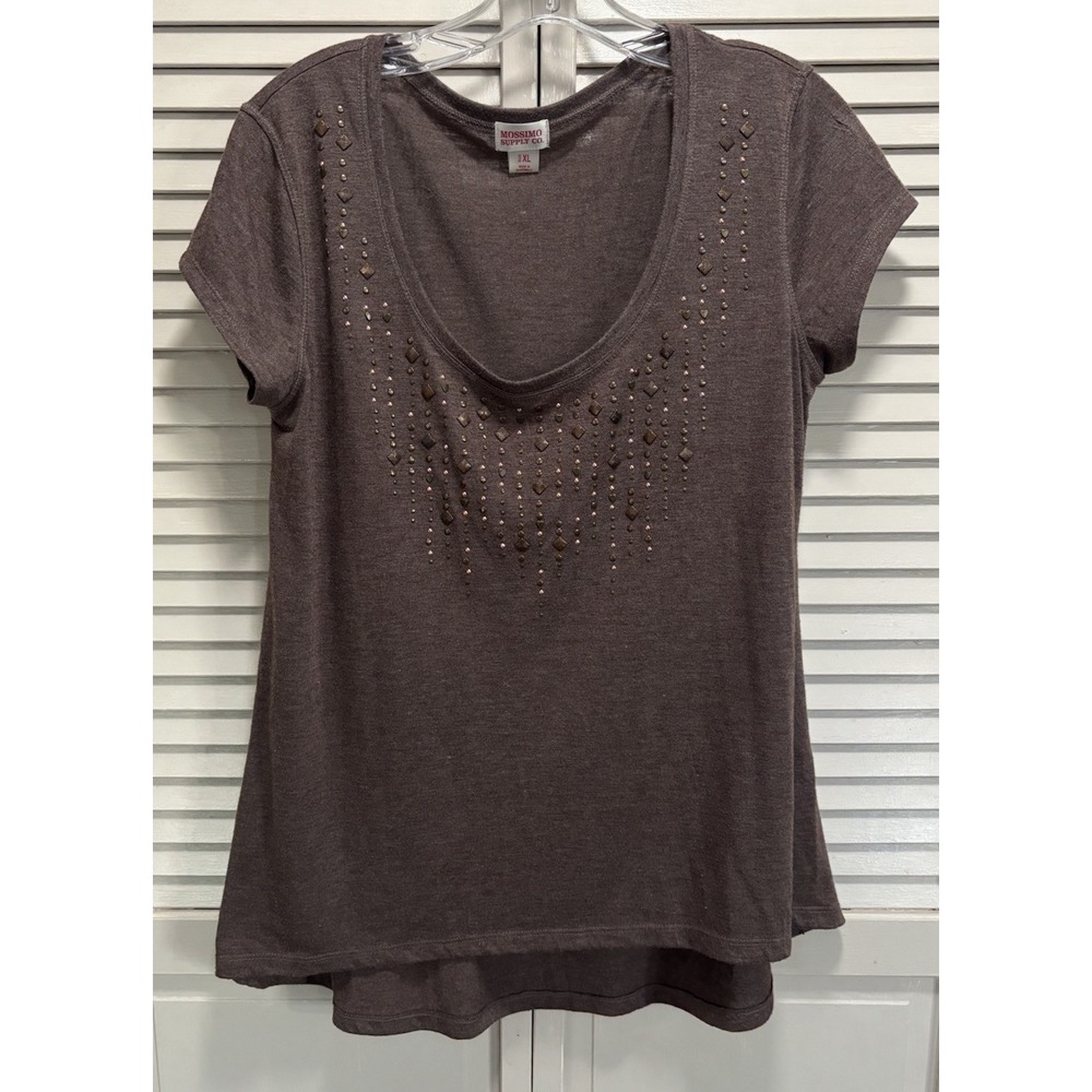 Mossimo Short Sleeve Scoop Neck Studded Top Size XL Soft Brown Casual